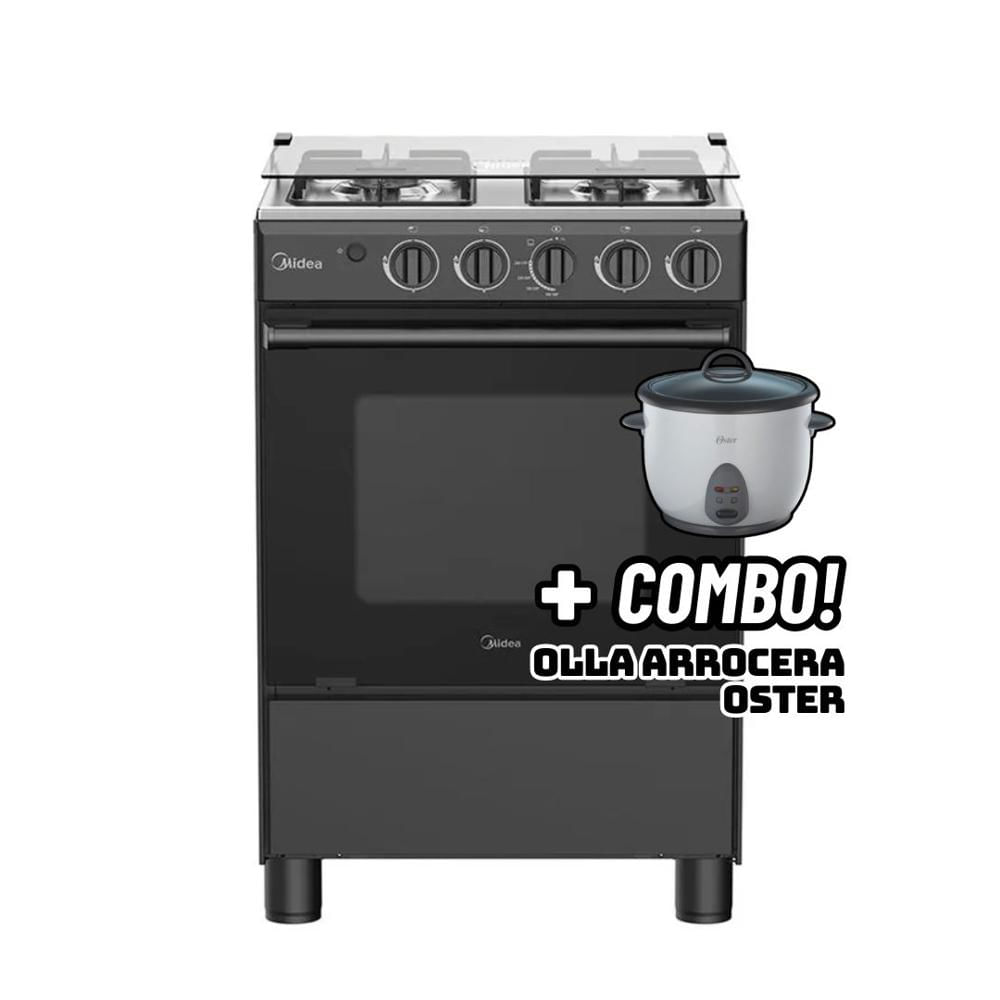COCINA DE PIE MIDEA A GAS 4 HORNILLAS NEGRO MGS24FS2LFABBC-PE + ARROCERA OSTER BLANCA