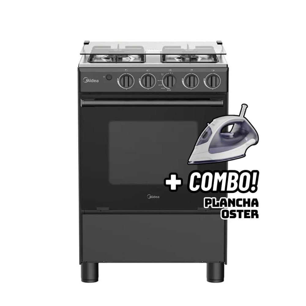 COCINA DE PIE MIDEA A GAS 4 HORNILLAS NEGRO MGS24FS2LFABBC-PE + PLANCHA OSTER