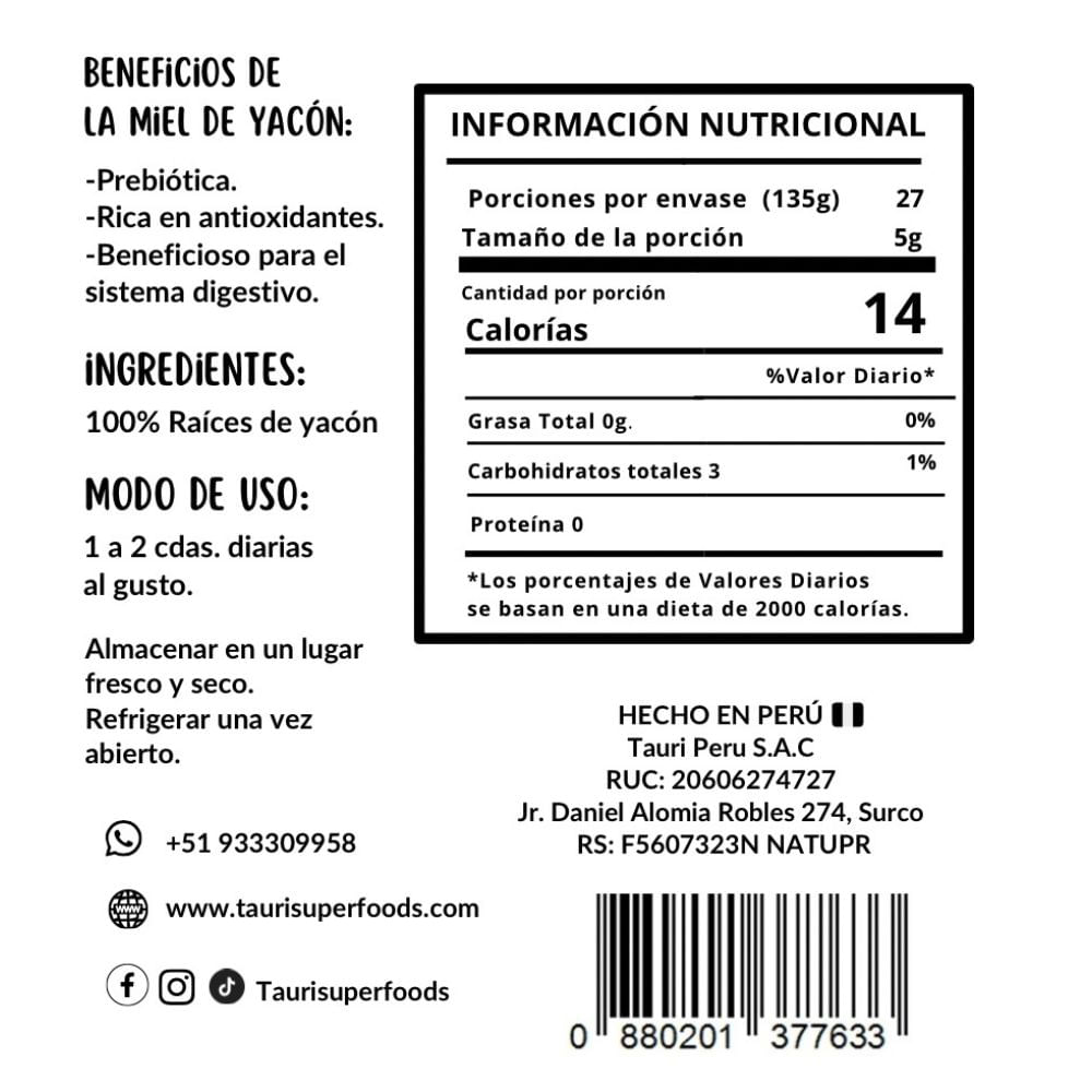 Jarabe de Yacon Tauri 250g Endulzante Natural
