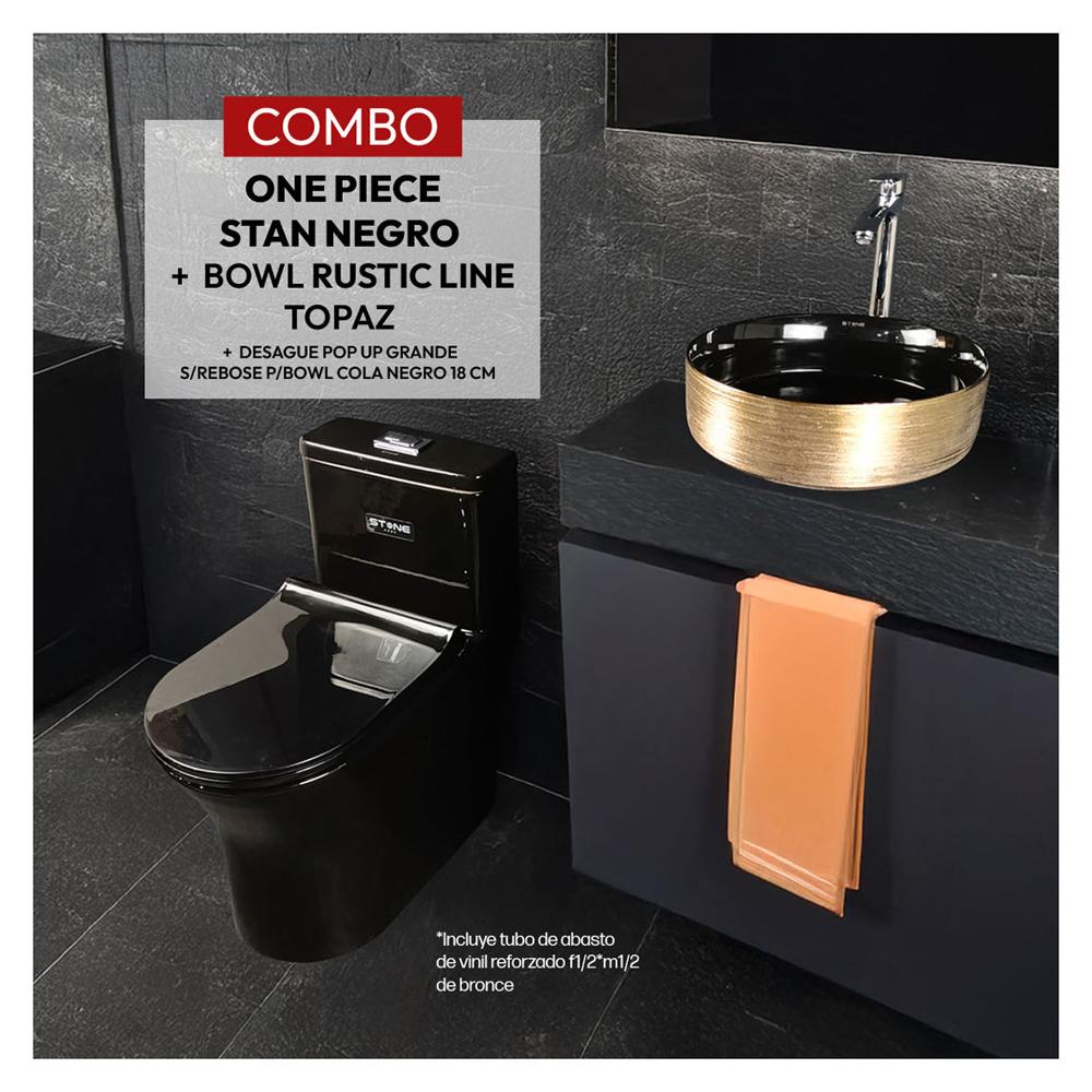 Combo Stan Negro + Rustic Line Topaz + Desagüe Pop Up S/ Rebose P/Bowl Negro - Stone