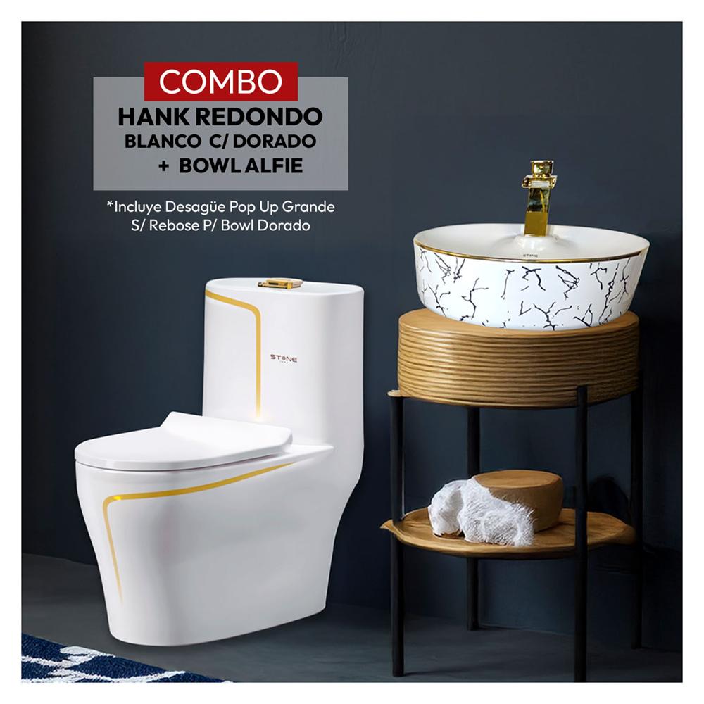 Combo Hank Redondo Blanco c/ Dorado + Bowl Alfie + Desagüe Pop Up Grande S/ Rebose P/ Bowl Dorado