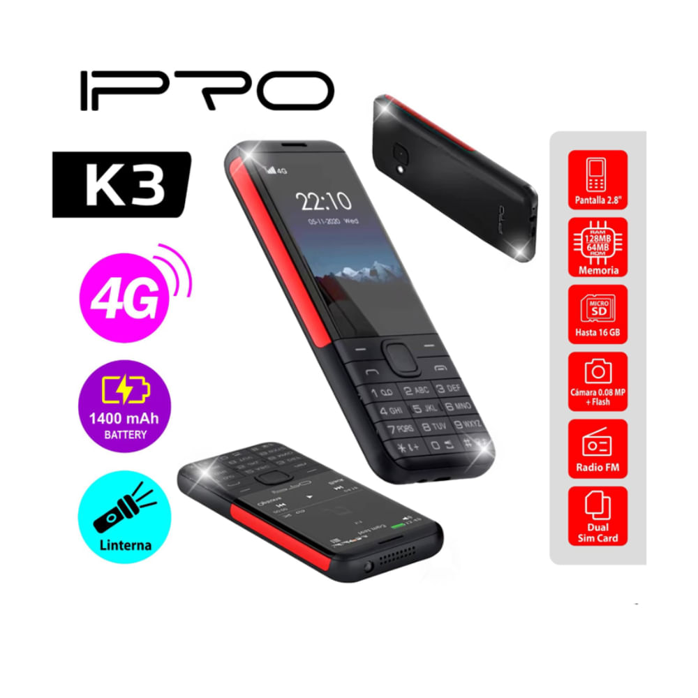 Celular Ipro K3 4G Beteria 1400mAh,Radio FM Inalambrico,Negro