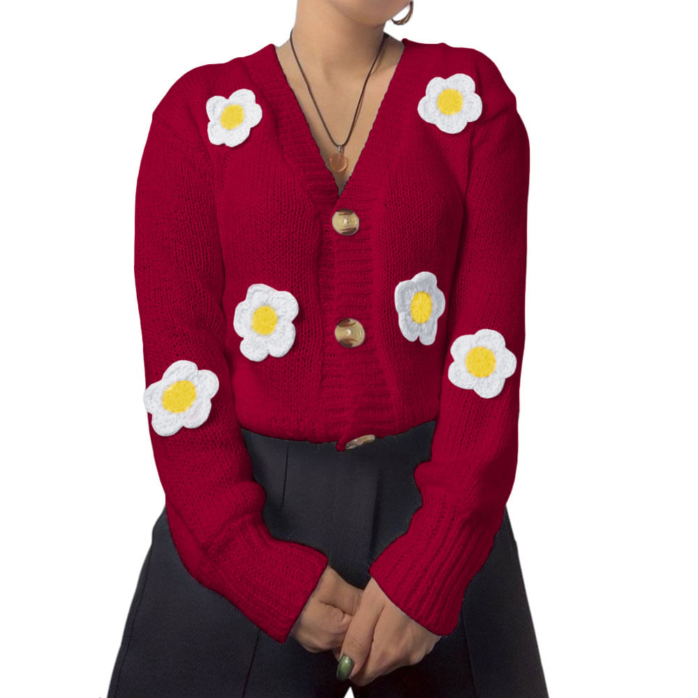 Chompa Mujer Hilo Alpino Flores 359G-30 Color Vino Talla S Chompa Mujer Hilo Alpino Flores 359G-30 Color Vino Talla S