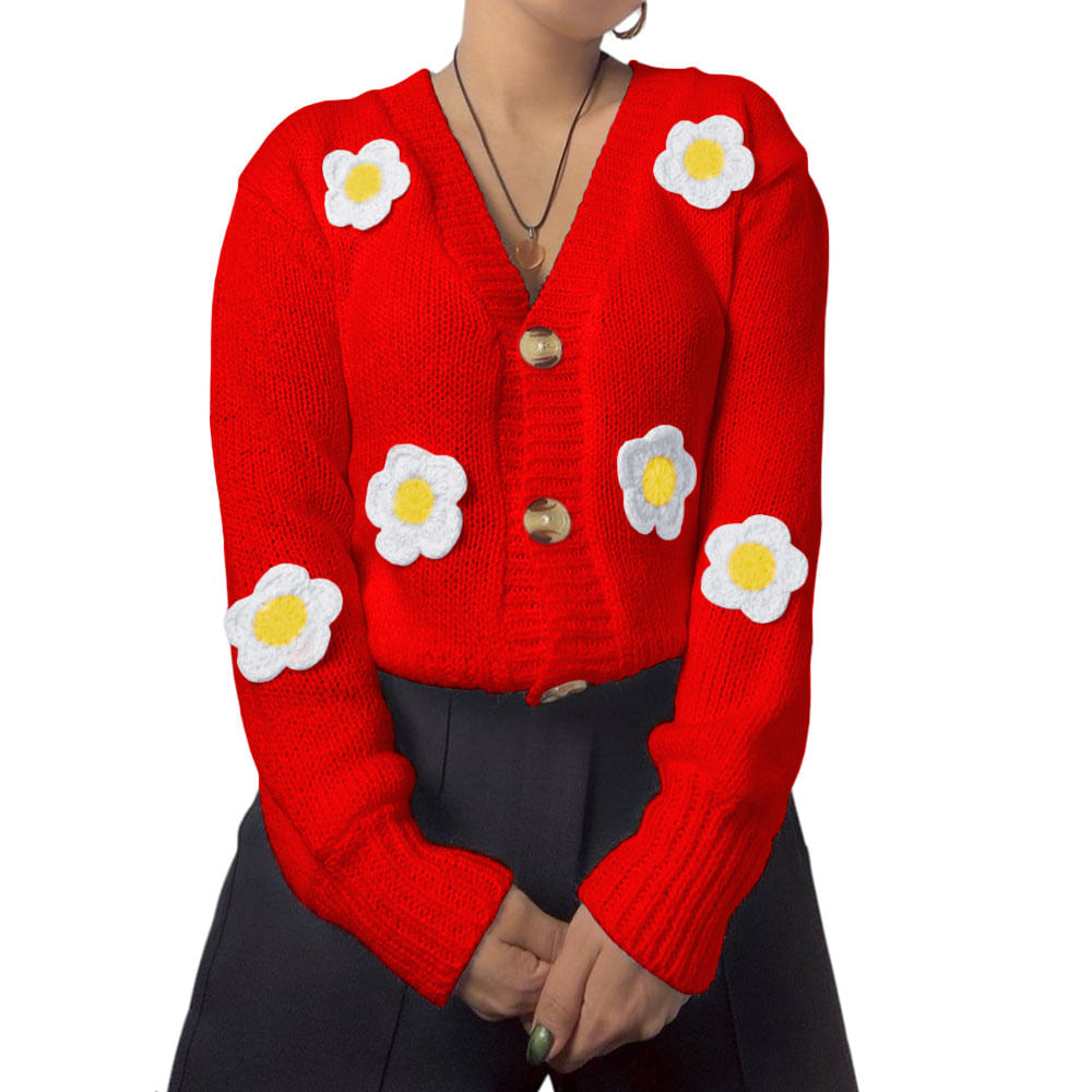 Chompa Mujer Hilo Alpino Flores 359G-30 Color Rojo Talla M Chompa Mujer Hilo Alpino Flores 359G-30 Color Rojo Talla M