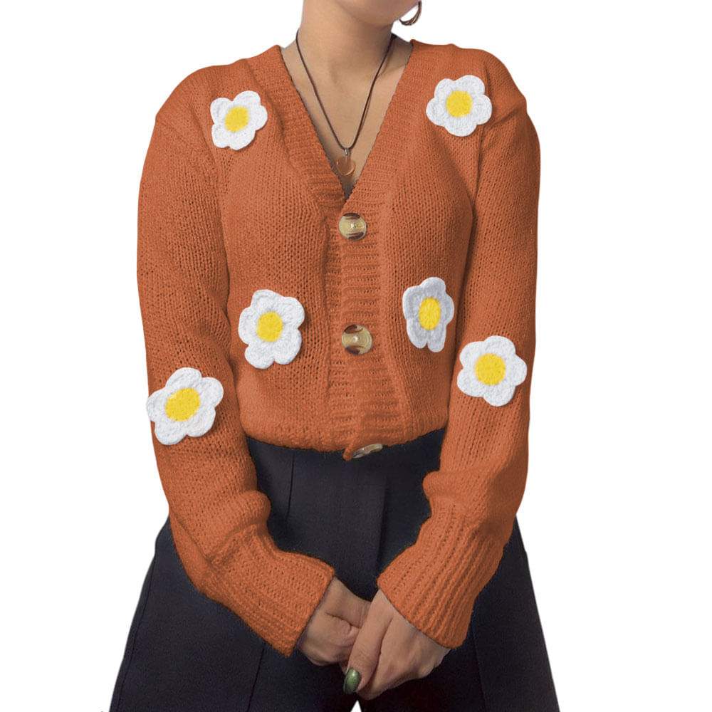 Chompa Mujer Hilo Alpino Flores 359G-30 Color Naranja Talla M Chompa Mujer Hilo Alpino Flores 359G-30 Color Naranja Talla M