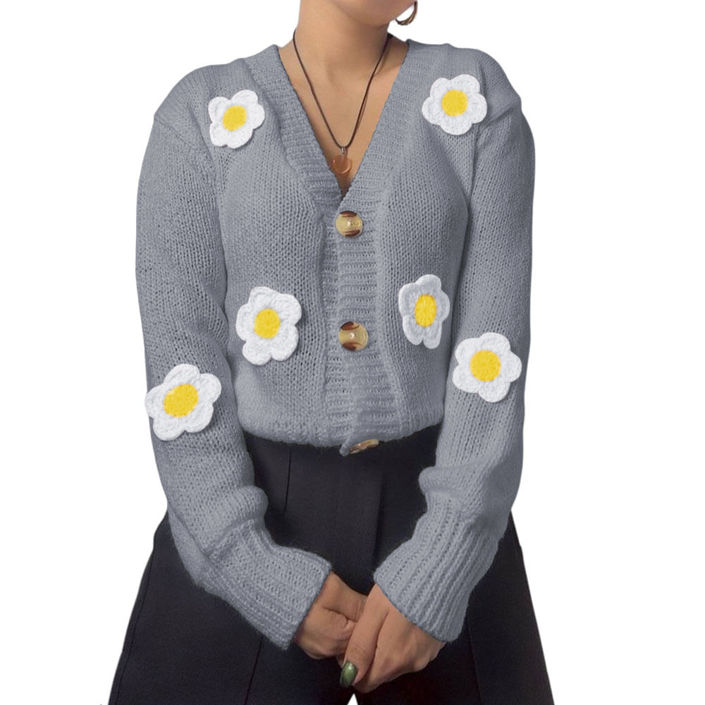 Chompa Mujer Hilo Alpino Flores 359G-30 Color Gris Talla S Chompa Mujer Hilo Alpino Flores 359G-30 Color Gris Talla S