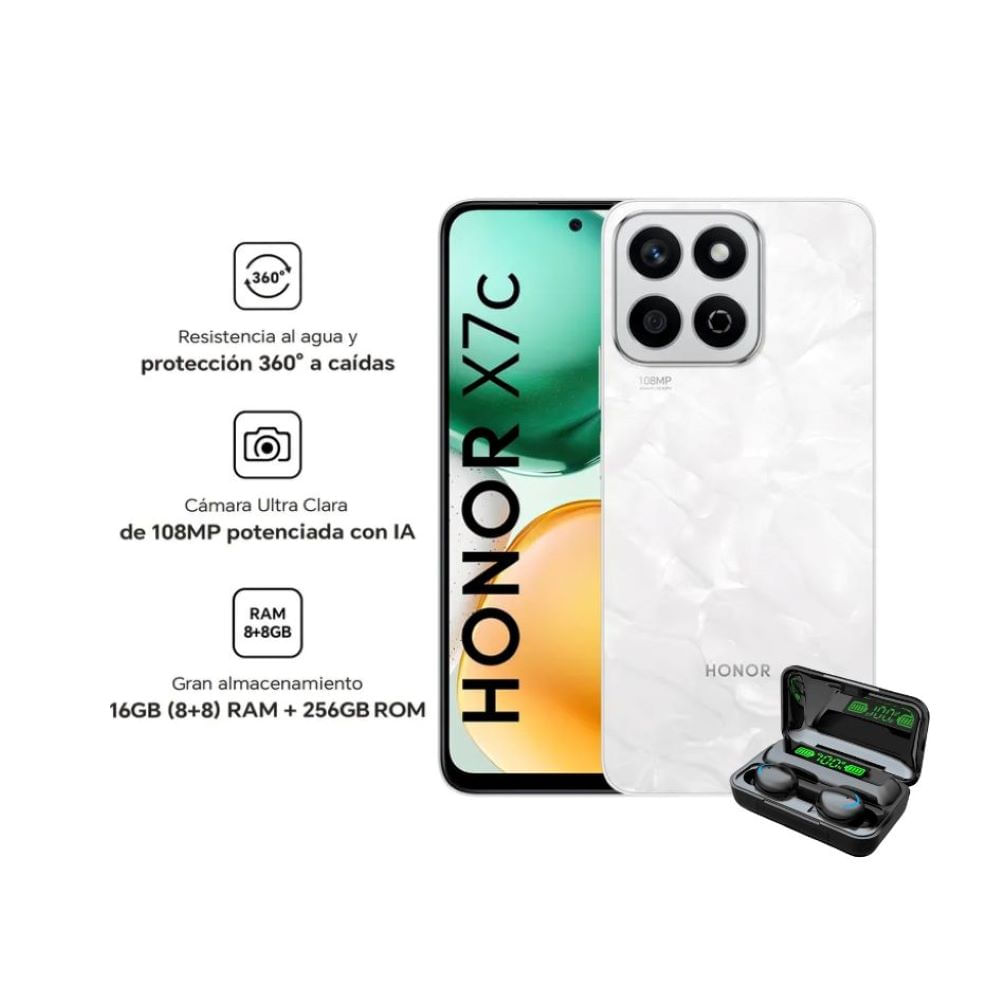 Celular Honor X7C 8+8Ram-256Gb Color Blanco+ Audifonos de Regalo