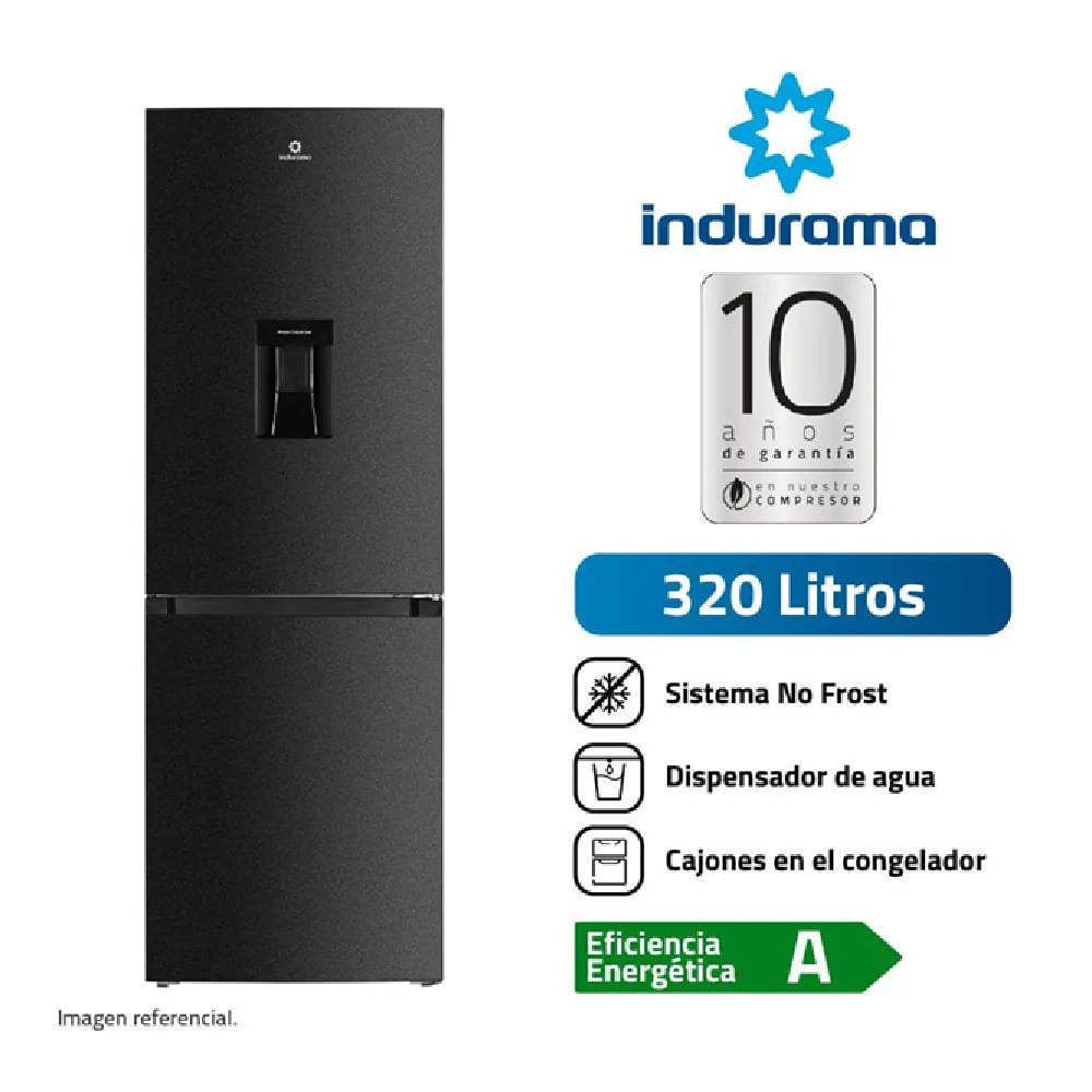 Refrigeradora C/Dispensador de agua No Frost INDURAMA Bottom Freezer RI-639DN 320 Lts Negro