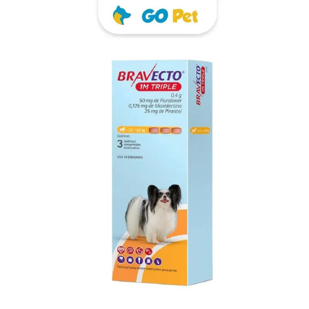 Antiparasitario Bravecto 1M Triple 50 Mg x 3 Tab 2.5 a 5 Kg Protección Interna y Externa