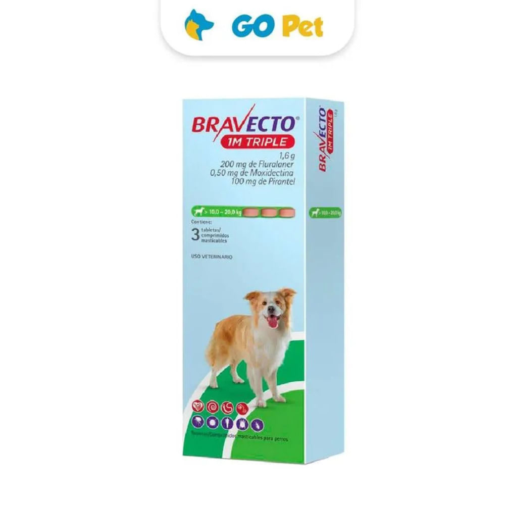 Antiparasitario Bravecto 1M Triple 200 Mg x 3 Tab 10 a 20 Kg Protección Interna y Externa