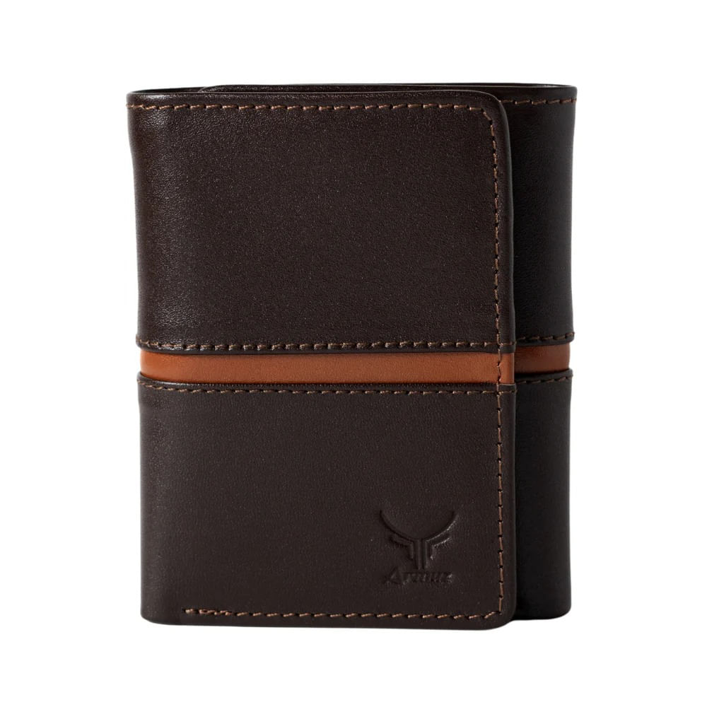 Billetera De Cuero Vacuno De Tres Cuerpos AR19 Café Con Camel