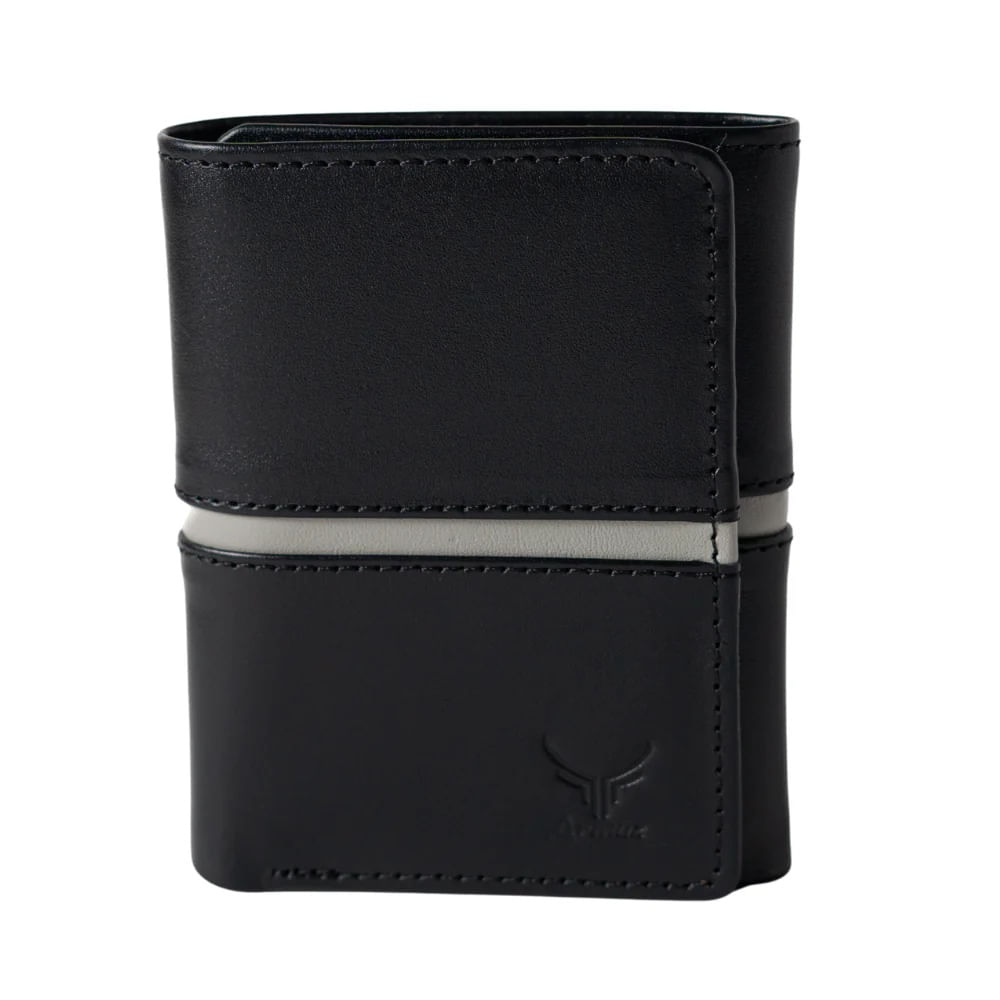 Billetera De Cuero Vacuno De Tres Cuerpos AR19 Negro Con Gris Billetera De Cuero Vacuno De Tres Cuerpos AR19 Negro Con Gris
