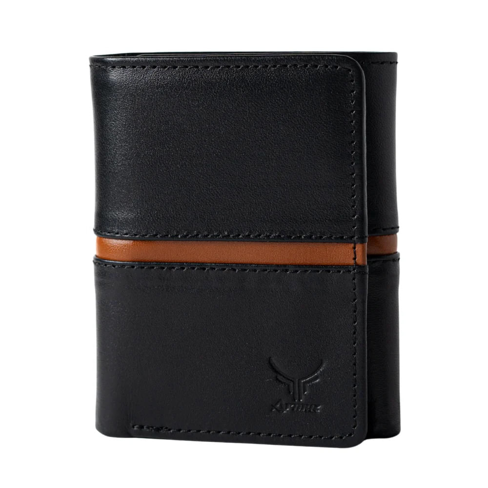 Billetera De Cuero Vacuno De Tres Cuerpos AR19 Negro Con Camel Billetera De Cuero Vacuno De Tres Cuerpos AR19 Negro Con Camel