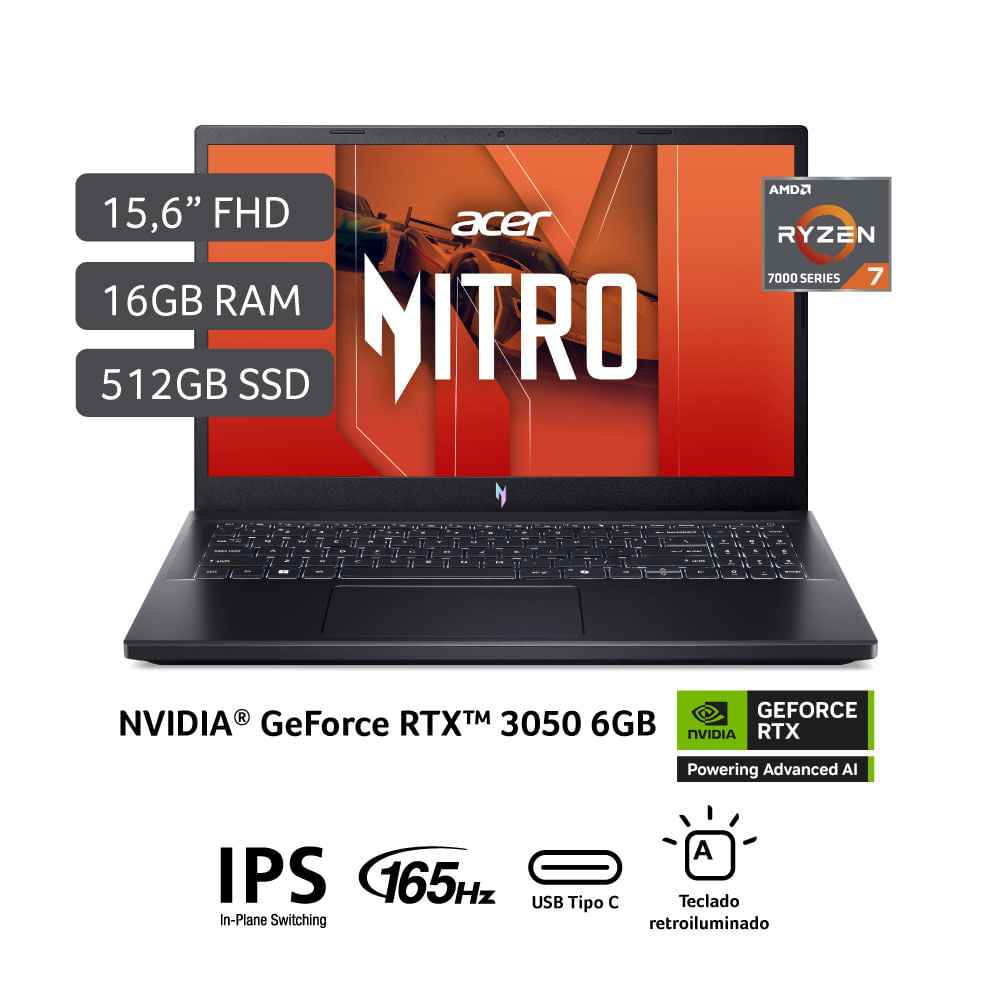 Laptop Gamer Acer Nitro V AMD Ryzen™ 7 7735HS 16GB RAM 512GB SSD 15.6"" RTX 3050