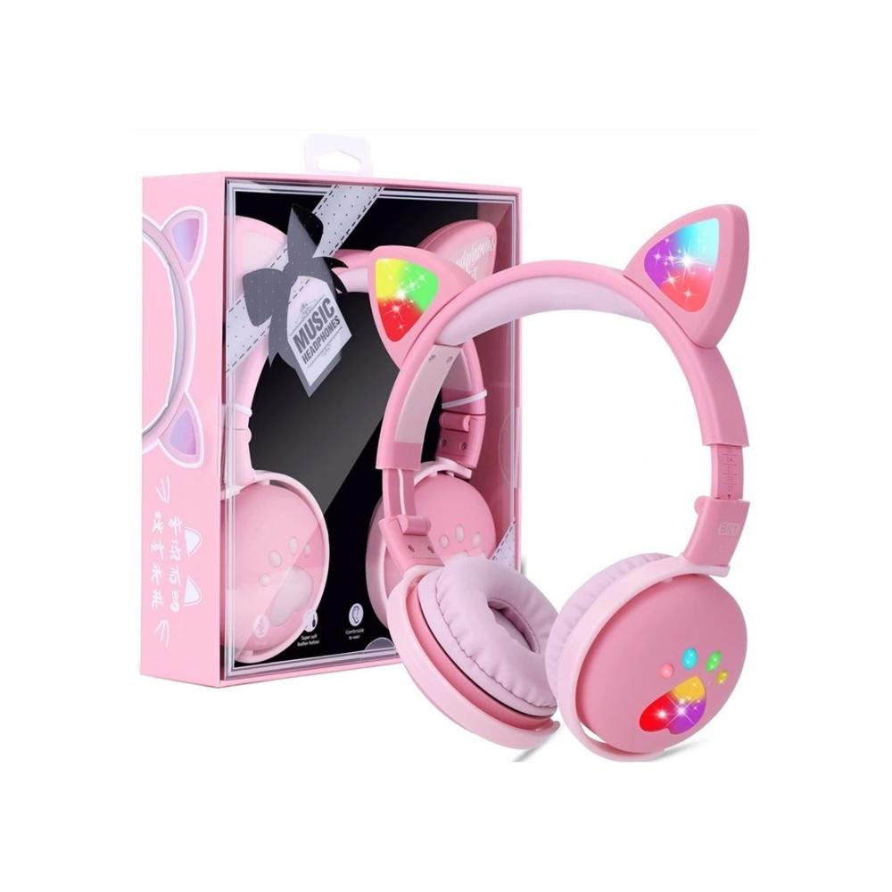 Audífonos Bluetooth Oreja de Gato con Luz LED BK1 Rosado