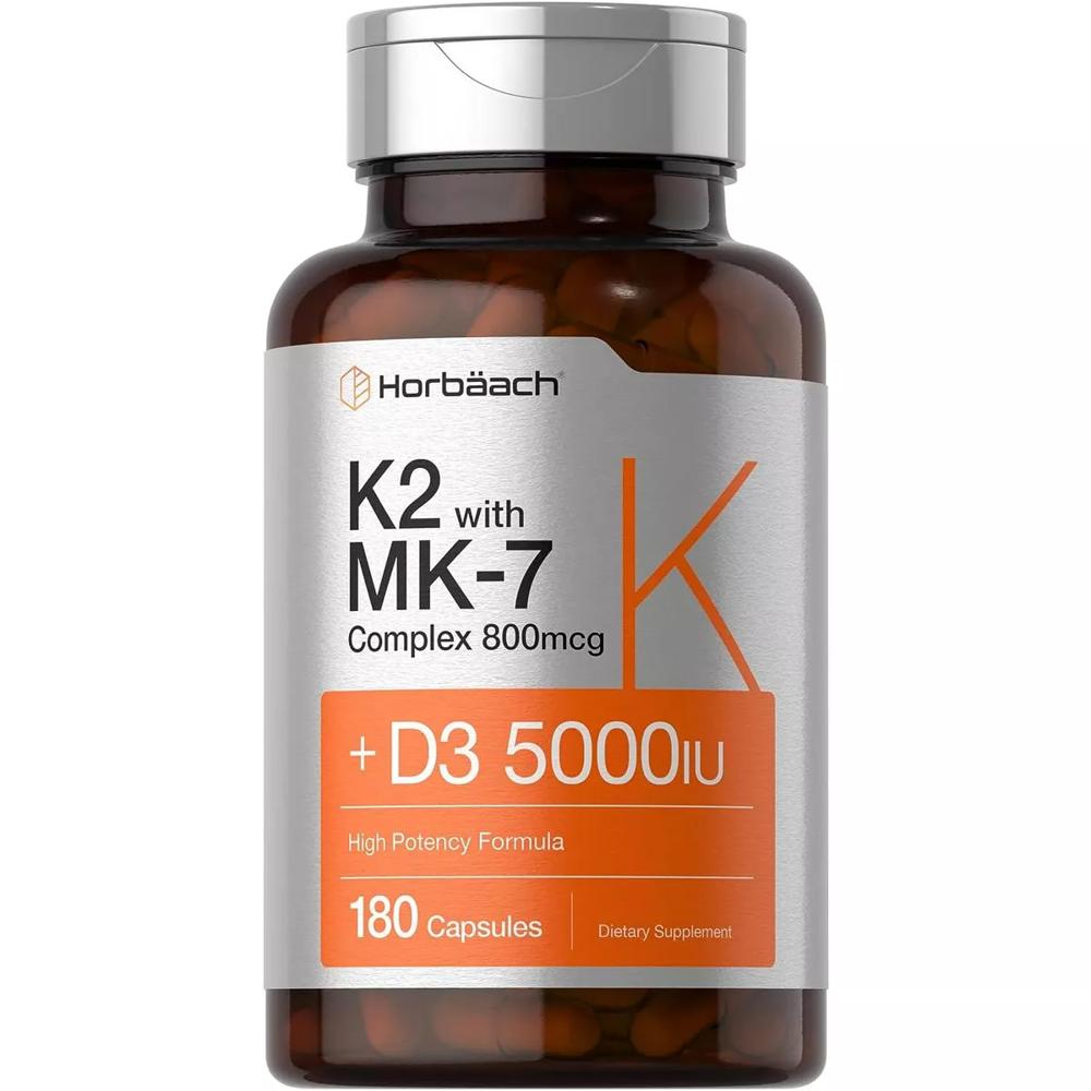 Vitamina K2 Complex con D3 5000 IU 800 mcg de MK7 plus MK4 Horbaach 180 Capsulas