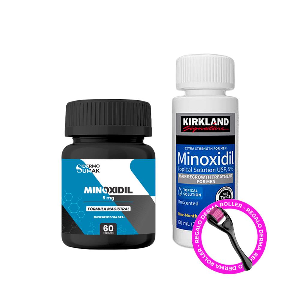Combo Minoxidil Cap 5M + Minoxidil Líquido Kirkland + Regalo Dermaroller
