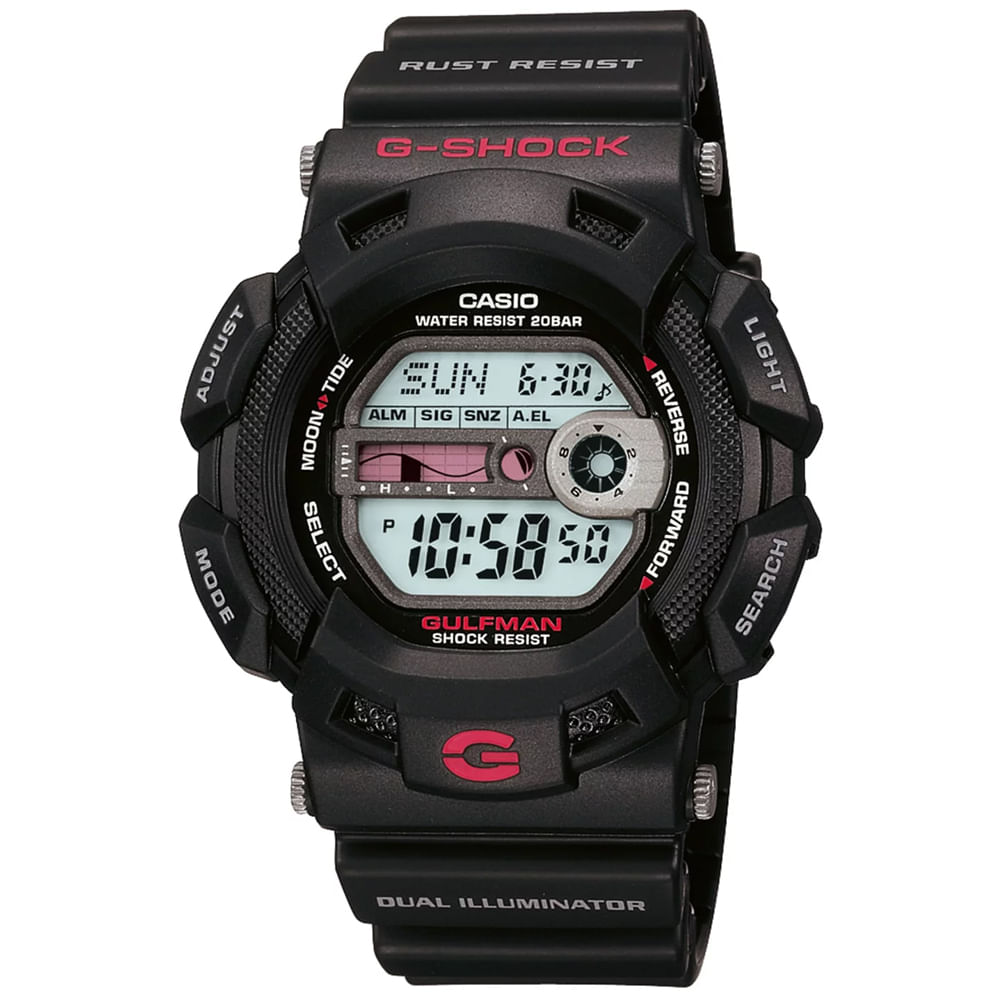 Reloj Casio G-Shock Gulfman G9100-1 Hombre Digital Luz De Fondo Acuático Grafico Lunar y Mareas