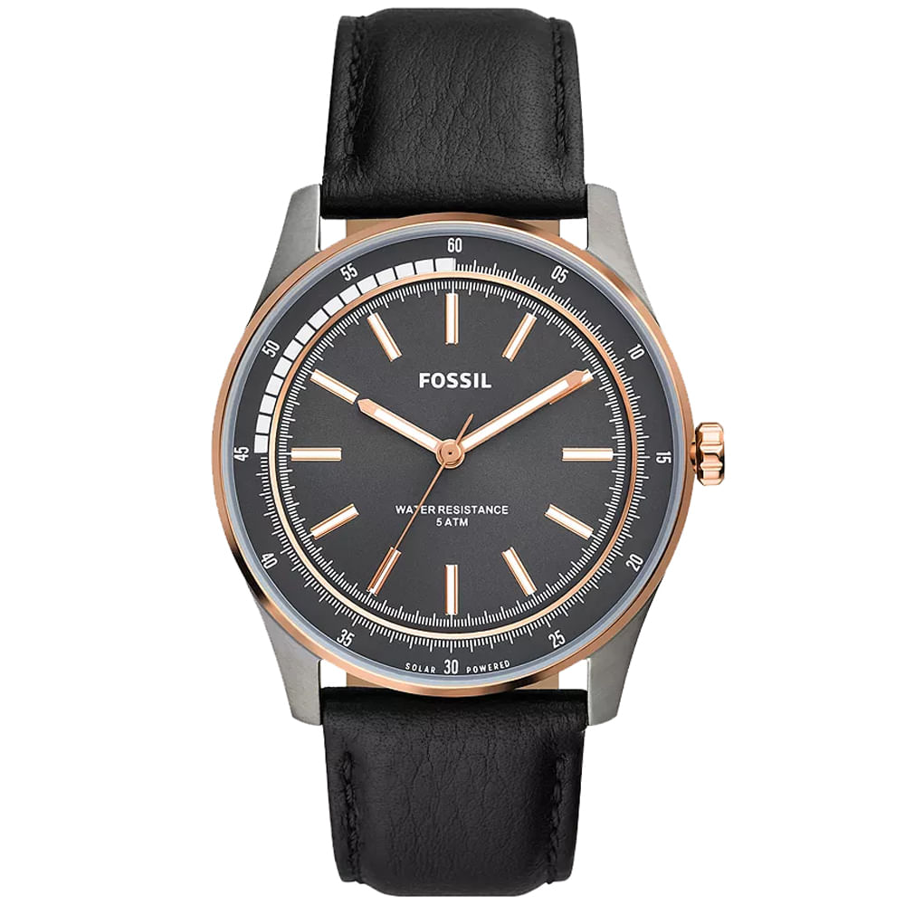 Reloj Fossil Sullivan BQ2664 Solar Acero Inoxidable Gunmetal Correa de Cuero Negro y Dial Gris