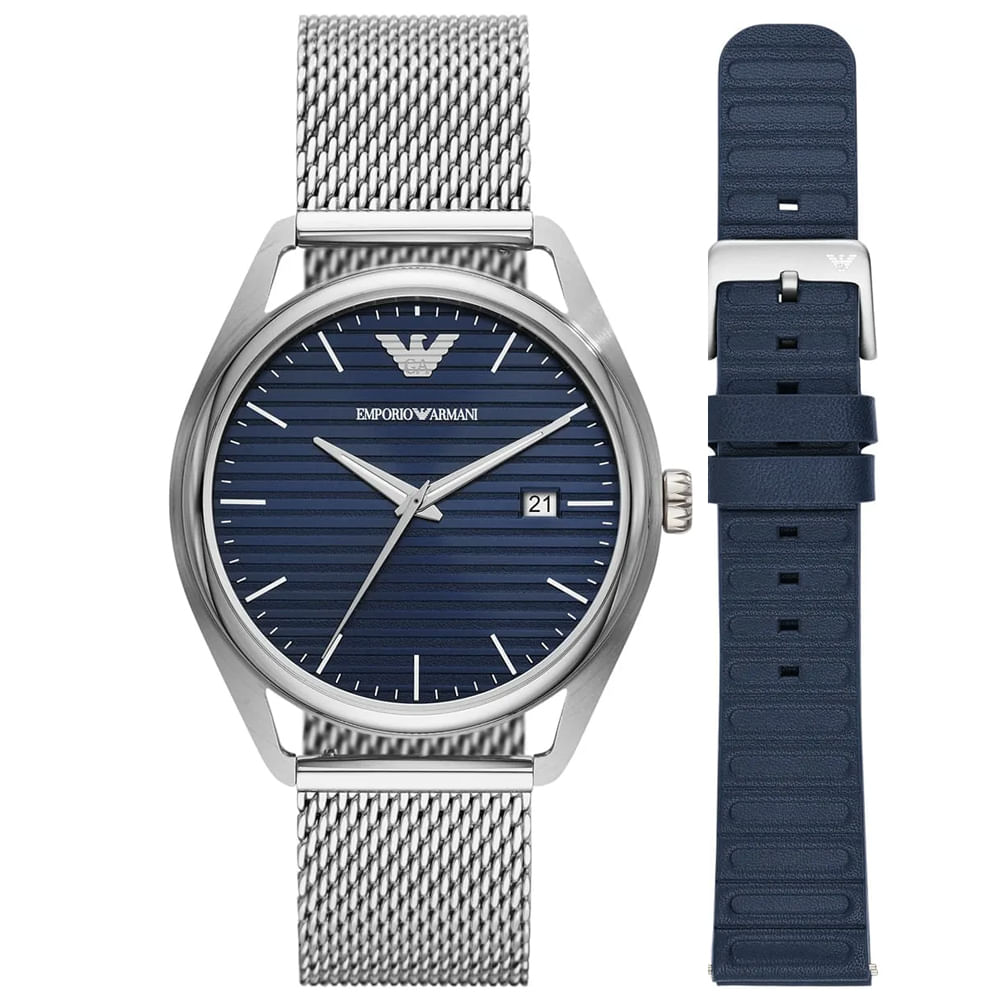 Reloj Emporio Armani Matteo AR80054 Hombre Fecha Set 2 Correas Acero Inoxidable y Cuero Dial Azul