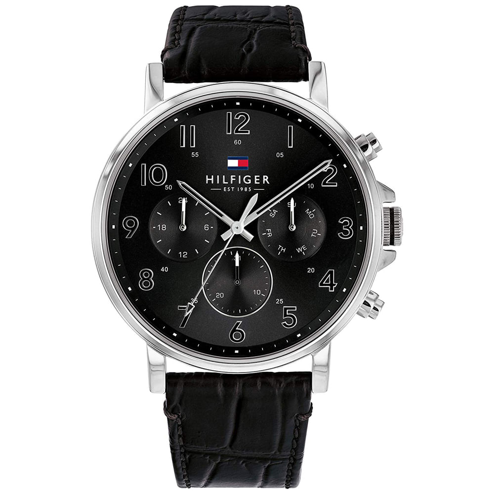 Reloj Tommy Hilfiger Daniel 1710381 Multifuncional Acero Inoxidable Correa Cuero y Dial Negro