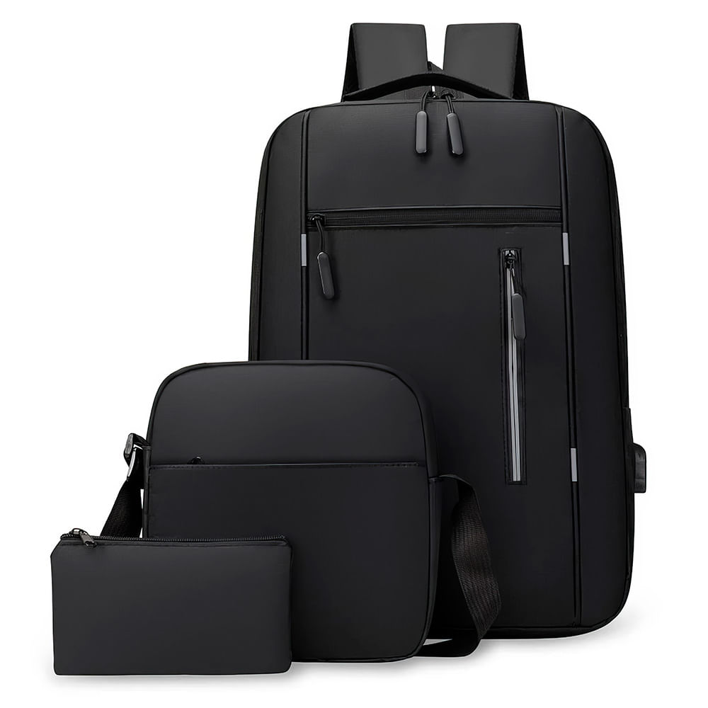 Pack x3 Mochila, Morral, Cartuchera Kaeroshy, D´Albert - N Para Laptop De 15.6’, Cable USB - Negro