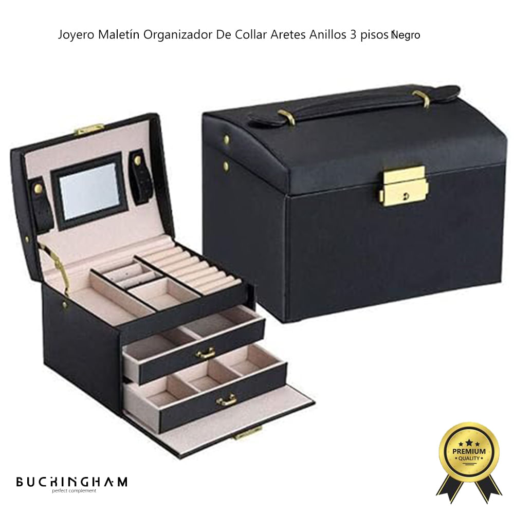 Joyero Maletín Organizador De Collar Aretes Anillos 3 pisos Negro