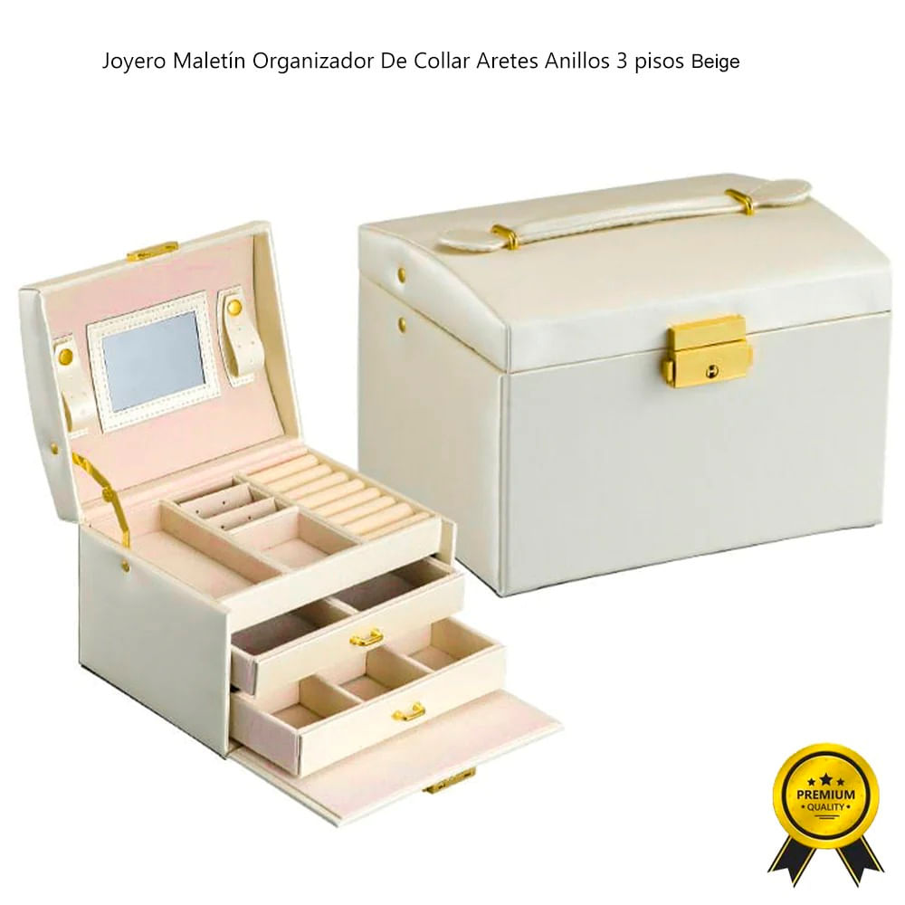 Joyero Maletín Organizador De Collar Aretes Anillos 3 pisos Beige