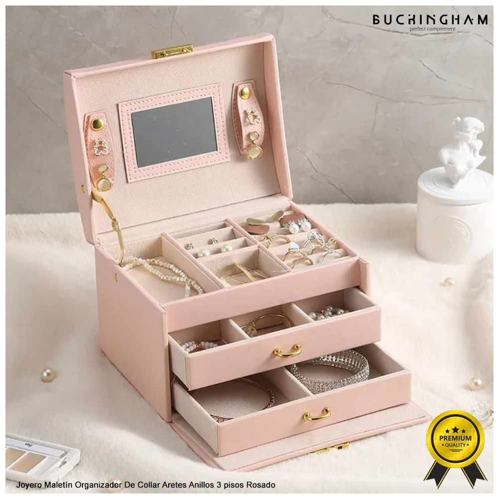 Joyero Maletín Organizador De Collar Aretes Anillos 3 pisos Rosado