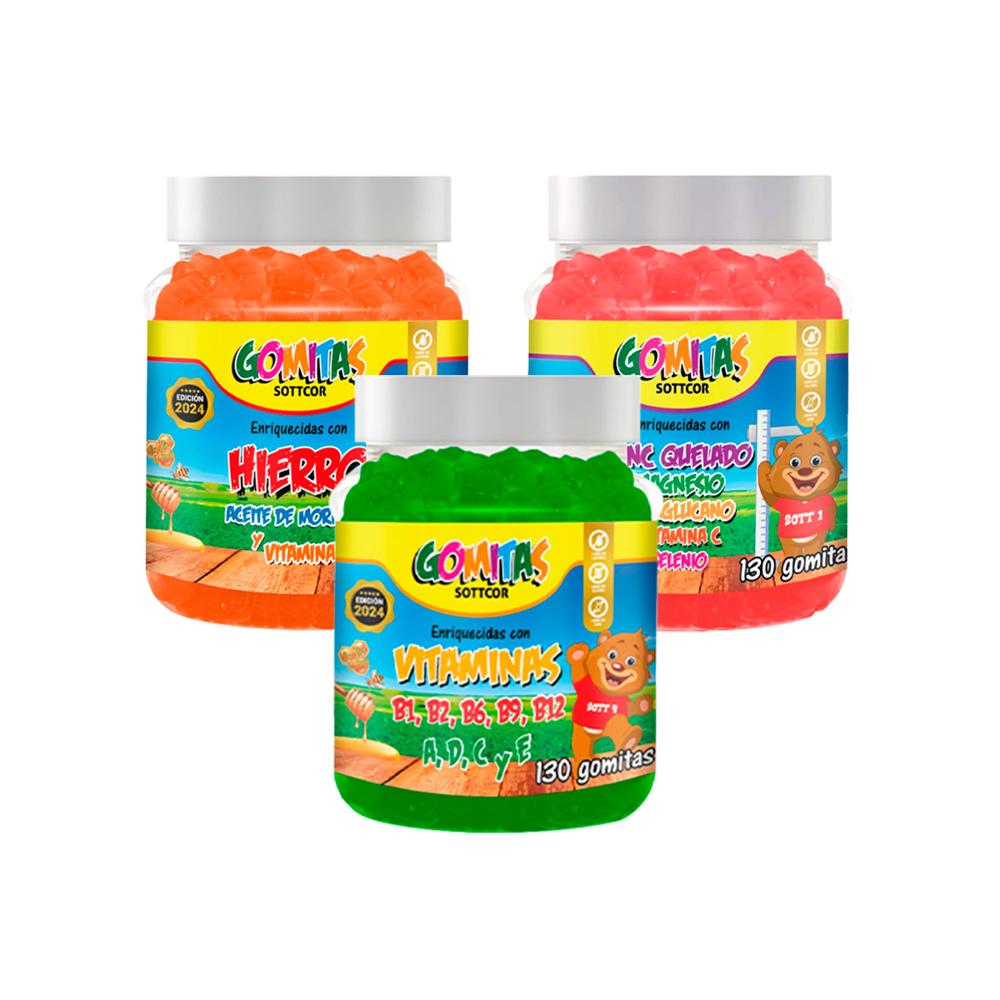 Pack Gomitas Zinc Quelado + Hierro + Multivitaminas Sottcor Niños