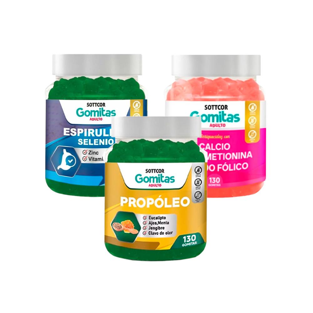 Super Combo Gomitas Espirulina + Propóleos + Calcio Sottcor Adultos