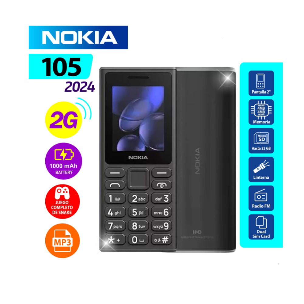 Celular Nokia 105 2G, Pantalla de 2"",Bateria 1000 mAh, Radio FM y MP3