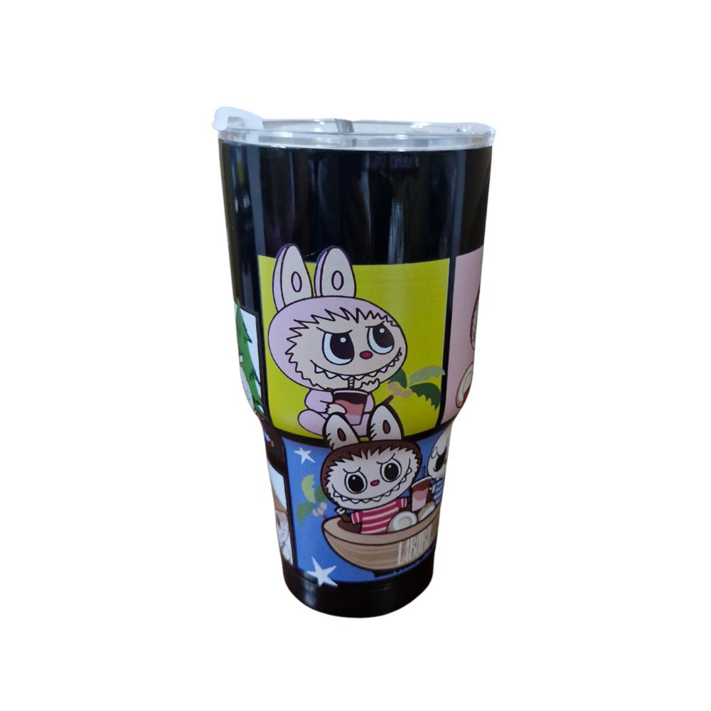 Vaso De Acero Inoxidable De 1200 ml Con Pajilla Y Diseño Labubu Negro