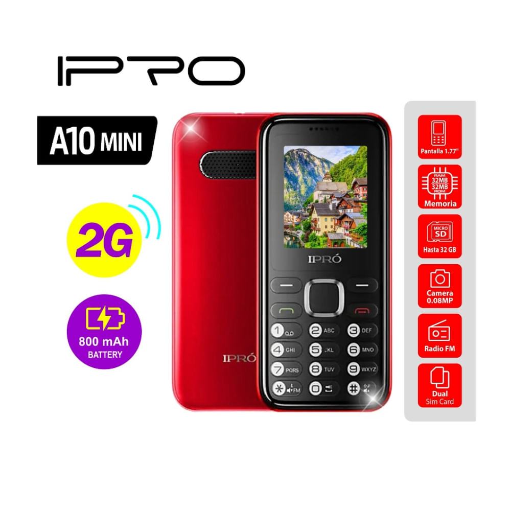 Celular Ipro A10 MINI 2G Beteria 800mAh,Radio FM Inalambrico, Rojo