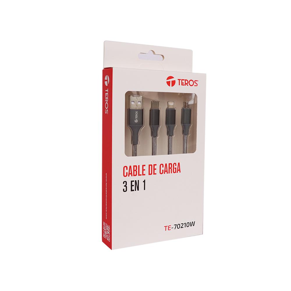 Cable De Carga 3 En 1 Teros Te-70210W - Usb A, Tipo C, Lightning, Micro Usb - 17.5W Max - Gris