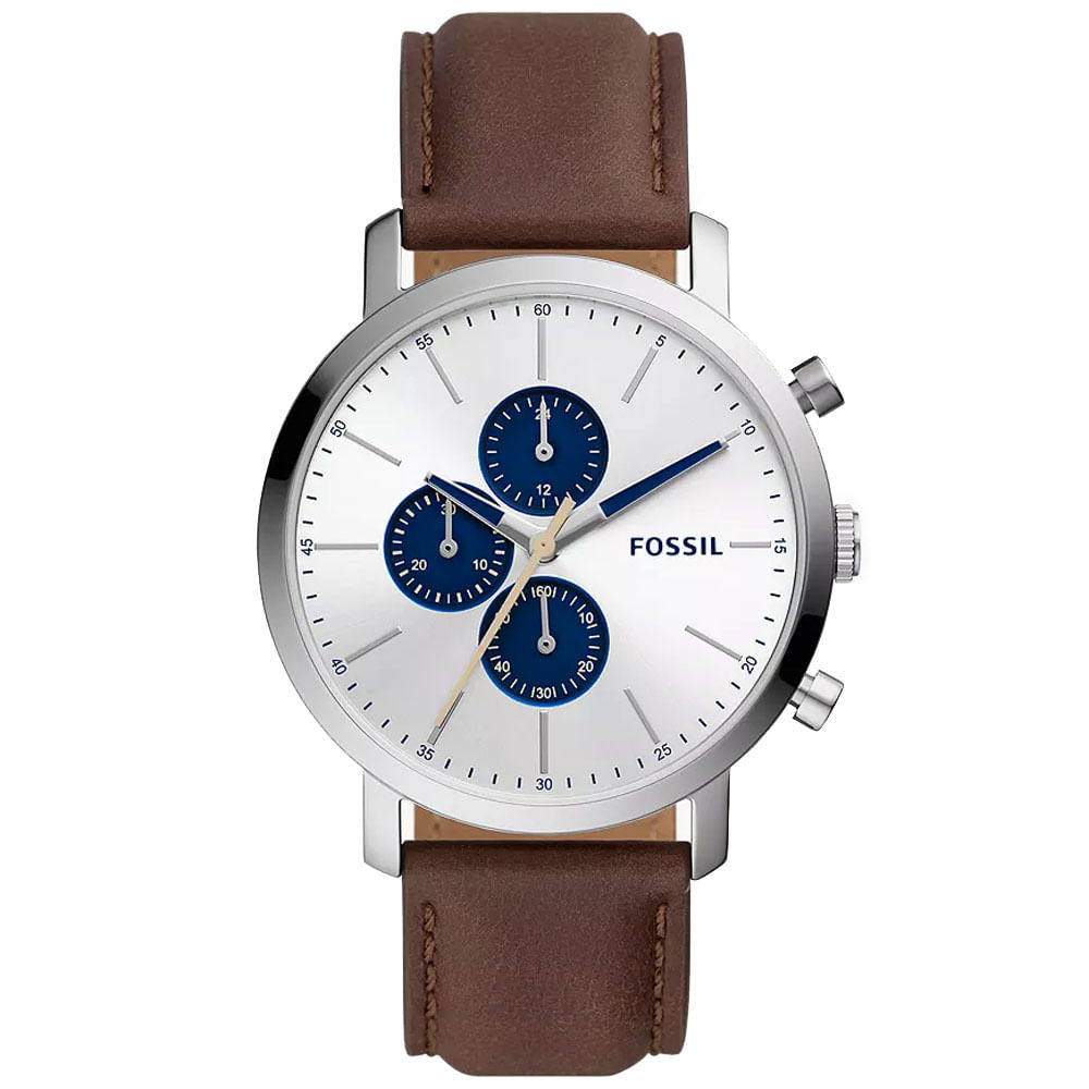 Reloj Fossil Luther BQ2687 para Hombre Cronómetro Correa Cuero Marron Dial Plateado