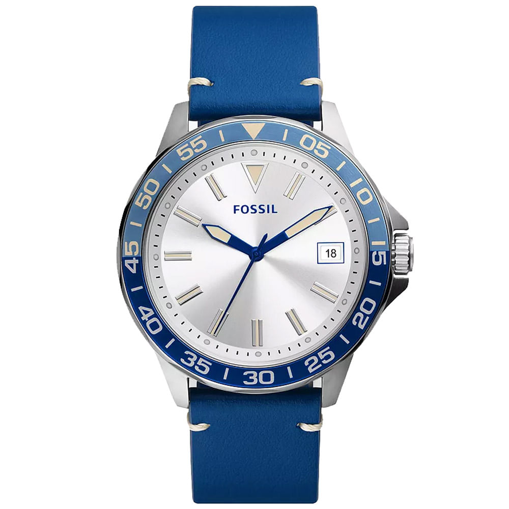 Reloj Fossil Bannon BQ2690 Para Hombre Fecha Correa Cuero Azul Dial Plateado