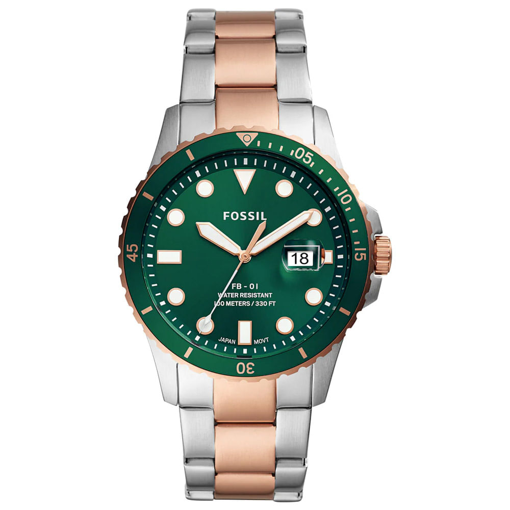 Reloj Fossil FB-01 FS5743 Hombre Fecha Acero Inoxidable Plateado Oro Rosado Dial Verde