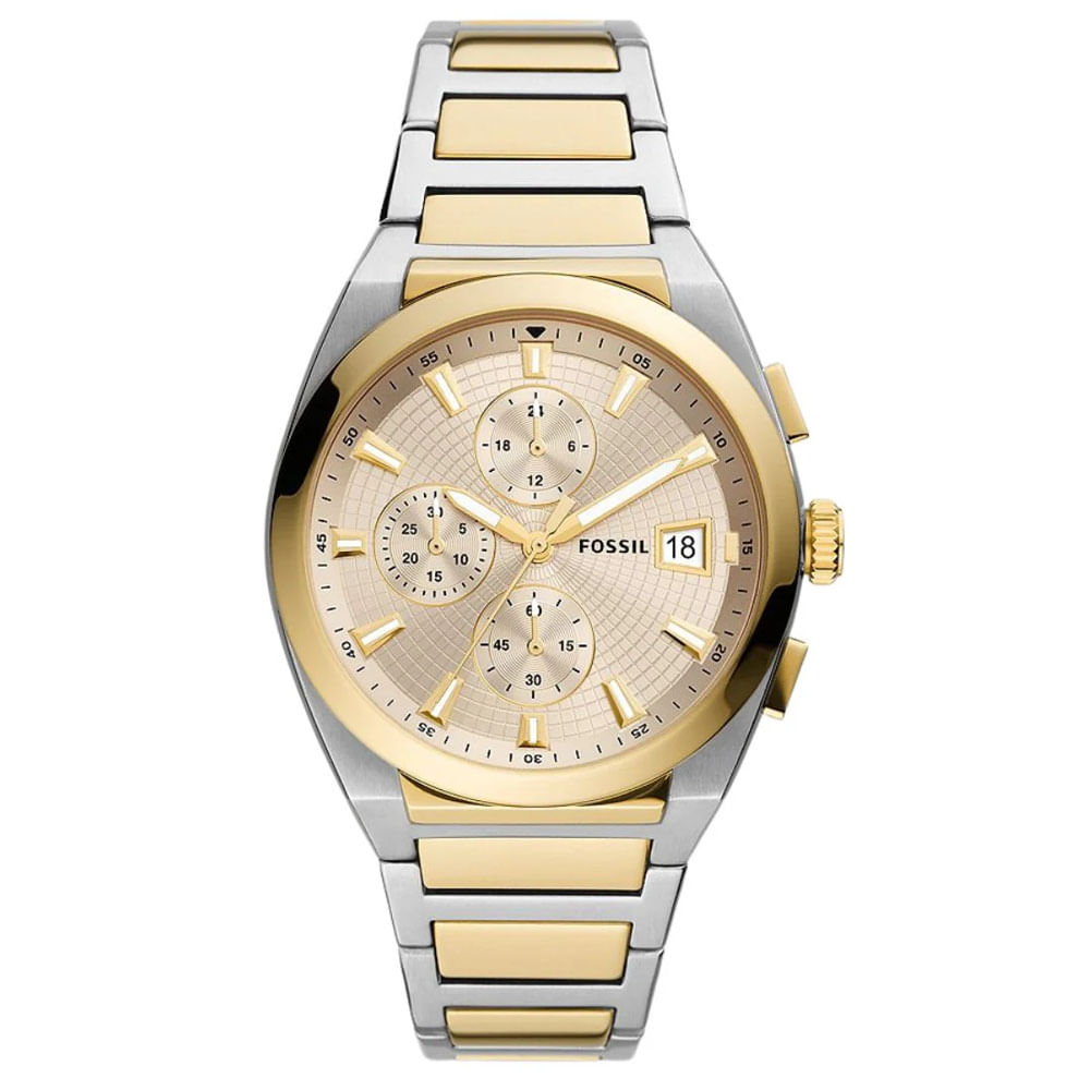 Reloj Fossil Everett Chrono FS5796 Hombre Fecha Cronometro Acero Inoxidable Plateado Dorado