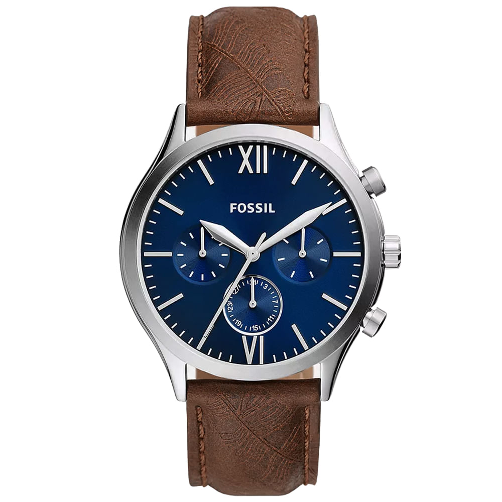 Reloj Fossil Fenmore BQ2697 Multifuncional Para Hombre Correa de Cuero Marron Dial Azul