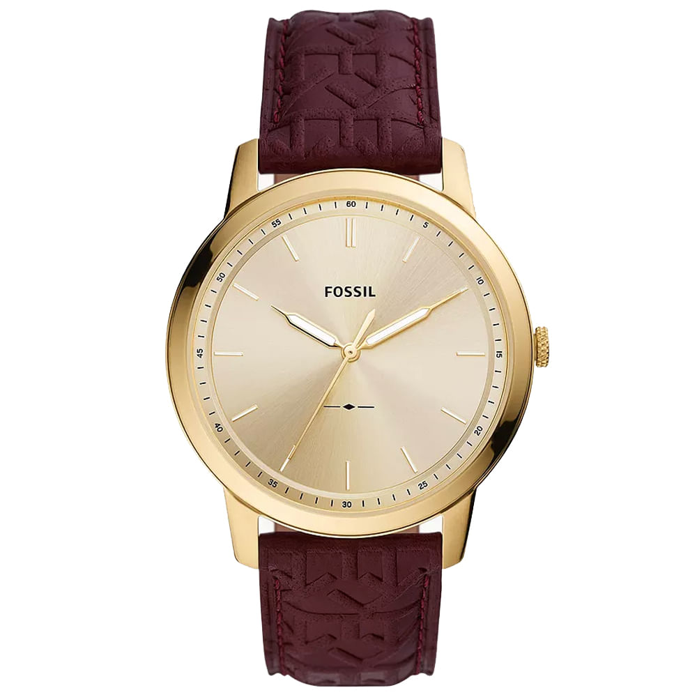 Reloj Fossil Minimalist FS5886 Ultra Delgado para Hombre Correa Cuero Guinda Dial Dorado
