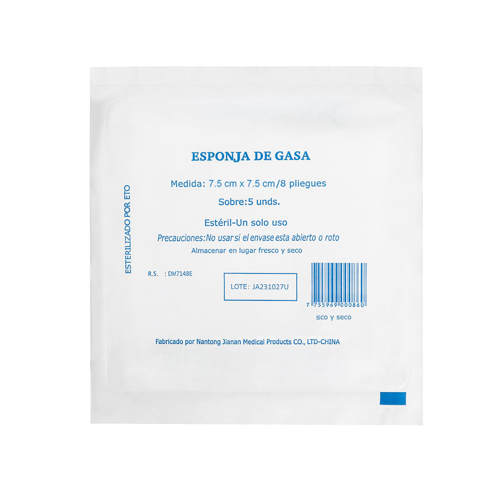 Esponja de Gasa Estéril Absorbente de 7.5 X 7.5 CM CAJA 20 UND