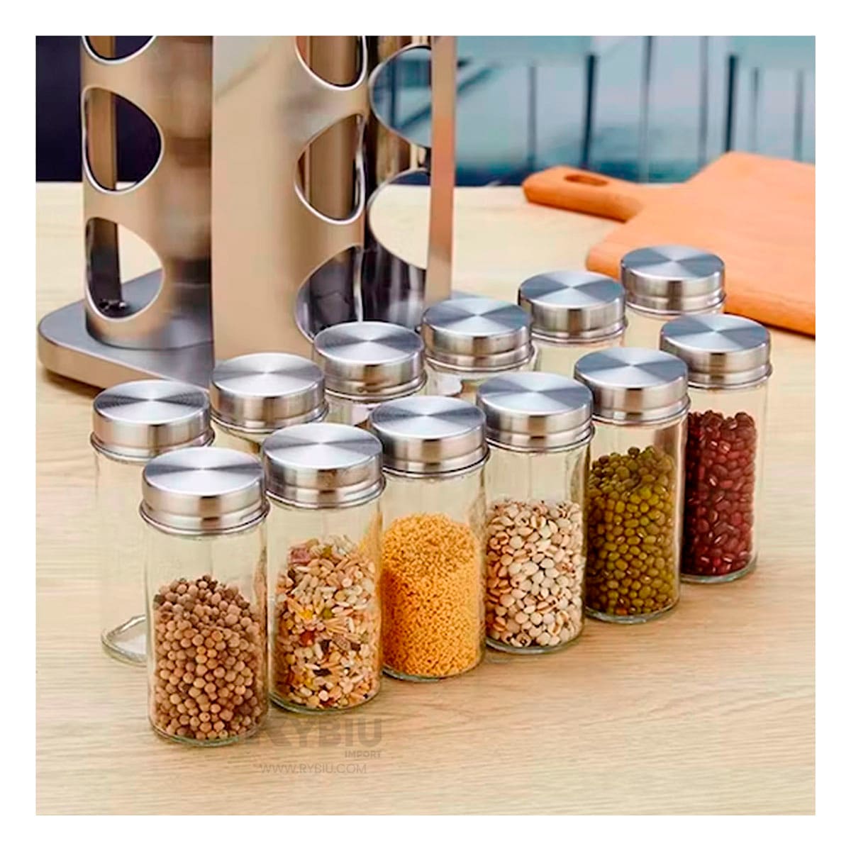 Condimentero de Cocina Cuadrado con 12 Frascos en Gris