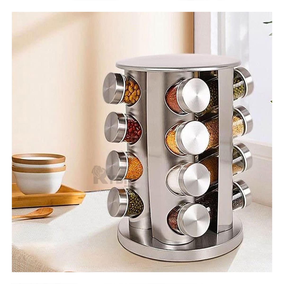 Condimentero Circular de Especias con 16 Frascos en Acero