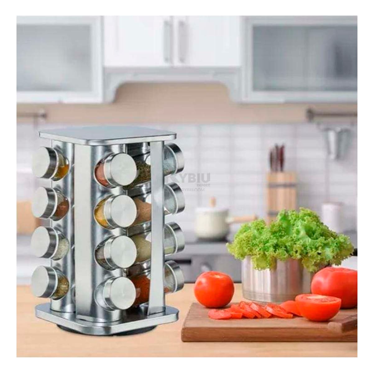 Condimentero para Cocina Cuadrado con 16 Frascos en Acero