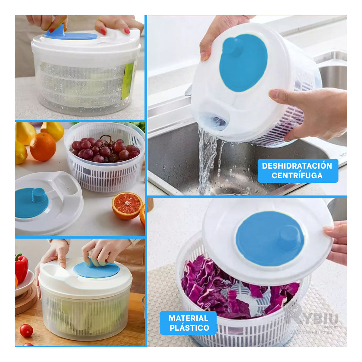 Escurridor Centrigugador Giratorio en Tono Blanco y Azul