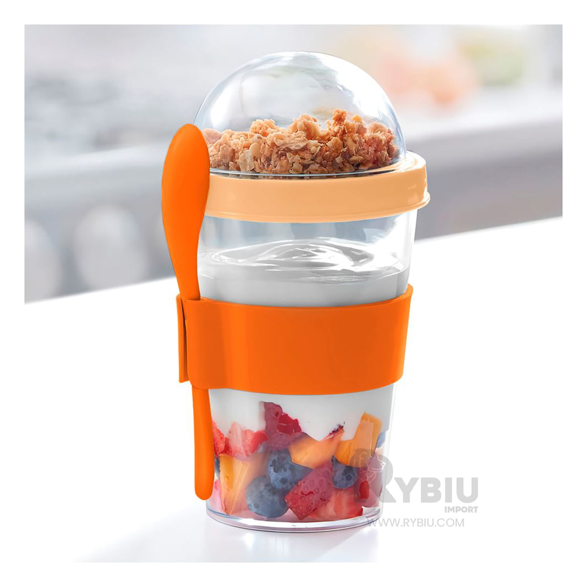 Vaso para Yogurt y Cereal de 350 ml con Cuchara Anaranjado