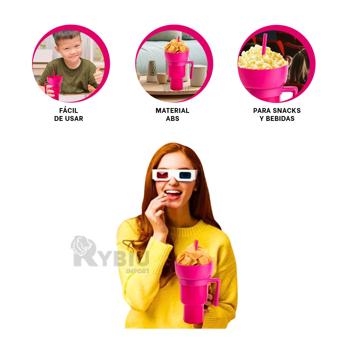 Vaso 2 en 1 para Snacks de Color Rosado Y+Stickers