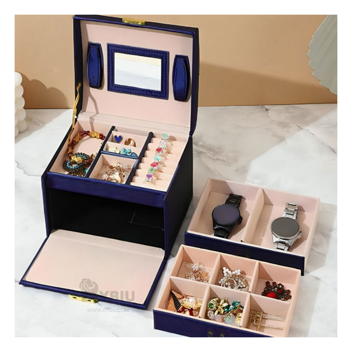 Organizador Joyas con Espejo de Azul Y+Papel de Regalo