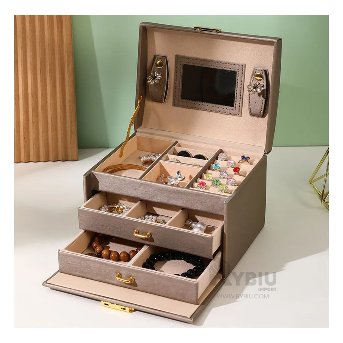 Organizador Joyas con Espejo de Marron Y+Papel de Regalo